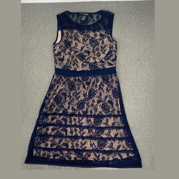 Candalite‎ Petite Beautiful Lace Floral Dress Blue Beige Lining Sleeveless PM - Picture 1 of 11